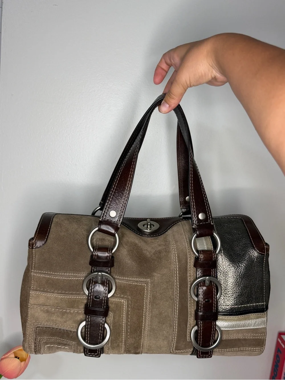 Vintage Coach Rare Suede Patchwork Leather Satchel Y2K Shoulder Bag Brown